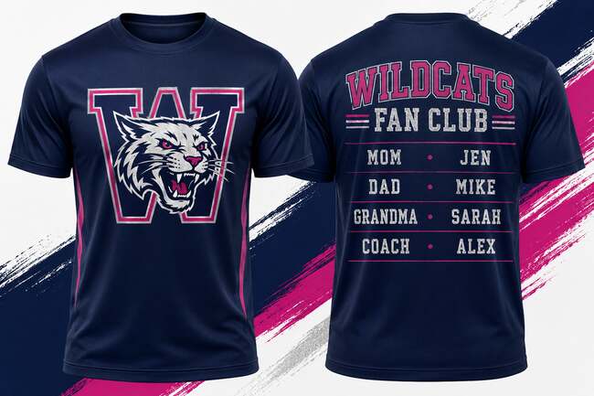 High school fundraiser shirt showing a team logo on the front and supporter Fan Club names on the back